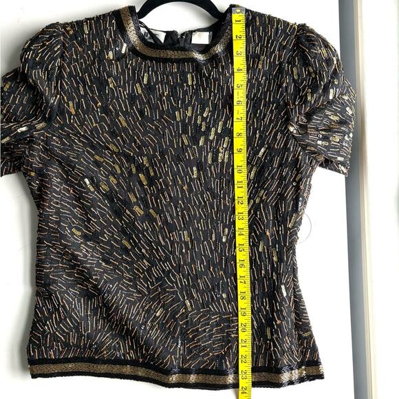 Vintage 90s Niteline Sequin Blouse, Black and gold, beads, zip up back, Size M - Picture 11 of 13